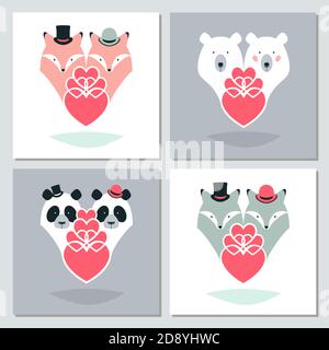 Alles Liebe zum Valentinstag oder Hochzeitskarten Set. Vektorgrafik. Bären. Wölfe. Füchse. Pandas. Stock Vektor
