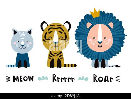 Niedlicher Löwe, Tiger und Katze und englischer Text: Meow, Rrrrrr, Roar. Cartoon Vektorgrafik Stock Vektor