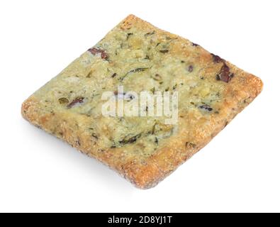 Gesalzene knusprige Cracker mit Sesam, Rosmarin und Sonnenblumenkernen isoliert auf weißem Hintergrund. Draufsicht Stockfoto