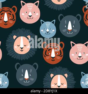 Kindisch nahtloses Muster mit handgezeichneten Löwen, Tigern und Katzen. Kreative Kinder für Stoff, Verpackung, Textil, Tapete, Kleidung. Vektorgrafik Stock Vektor