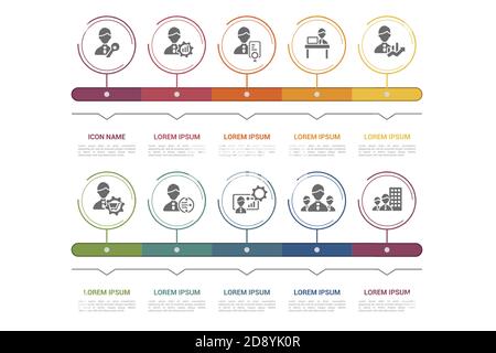 Infografik Vorlage für das Unternehmensmanagement. Symbole in verschiedenen Farben. Schließen Sie Schlüssel, Betriebsmanagement, Qualität, Büromanagement und andere ein. Stock Vektor