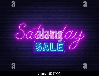 Samstag Verkauf Neon-Zeichen auf Backstein Wand Hintergrund. Stock Vektor