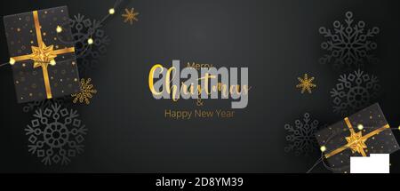 Weihnachten schwarz und Gold Hintergrund mit weihnachtsgeschenken und Schneeflocken Stock Vektor