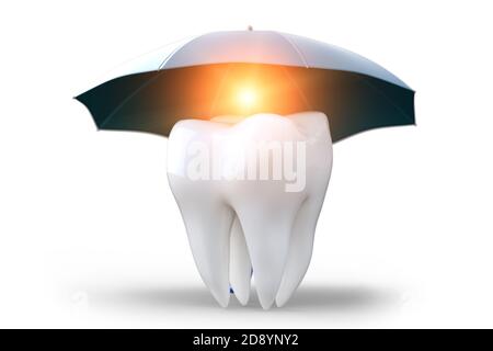 Ein Zahn unter einem Regenschirm, isoliert auf weißem Hintergrund. Schützen Sie Gesundheit, Versicherungskonzept, zahnärztliche, medizinische Versorgung. 3d-Illustration Stockfoto