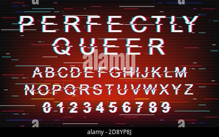 Perfekt queere Schriftvorlage. Retro futuristischen Stil Vektor-Alphabet auf rotem Hintergrund gesetzt. Großbuchstaben, Zahlen und Symbole. LGBTQ-Bewegung Stock Vektor