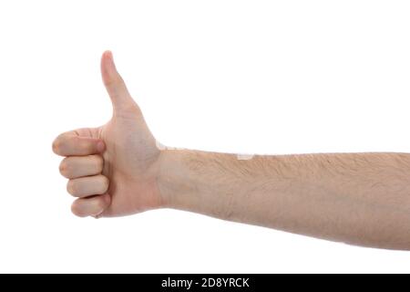 Männliche Hand, die einen Daumen nach oben zeigt. Isoliert auf weißem Hintergrund. Hochauflösendes Foto. Volle Schärfentiefe. Stockfoto