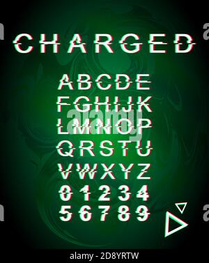 Schriftvorlage für geladene Fehler. Retro futuristischen Stil Vektor-Alphabet auf grün Marmorierung Hintergrund gesetzt. Großbuchstaben, Zahlen und Symbole. Energisch Stock Vektor