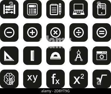 Mathematik Oder Mathematik Science Icons Weiß Auf Schwarzem Flat Design Groß Einstellen Stock Vektor