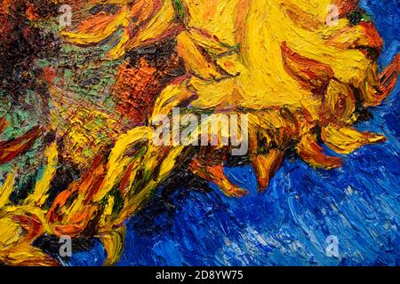 Sonnenblume, Ölgemälde auf Leinwand. Freie Kopie nach dem Gemälde des großen Künstlers Vincent Van Gogh, zwei geschnittene Sonnenblumen III, 1887 Stockfoto