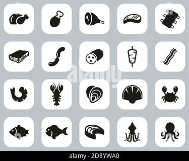 Fleisch & Meeresfrüchte Icons Black & White Flat Design Set Groß Stock Vektor