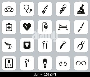 Medizinische Geräte Icons Schwarz & Weiß Flat Design Set Groß Stock Vektor