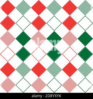 Muster aus weißen, grünen und roten Rauten. Weihnachtsfarben. Diagonaler karierter Hintergrund. Diagonales Schachmuster. Kariertem Schottenmuster. Nahtlose Qualität Stock Vektor