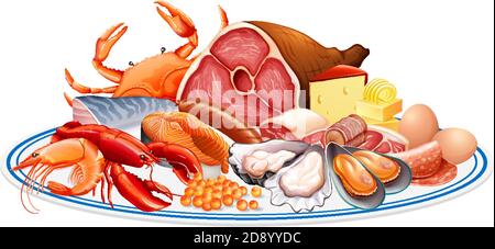 Fresh foods or food protein groups such as meat seafood egg and nuts in a group isolated on white background illustration Stock Vektor