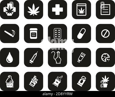 Medizinische Marihuana Icons Weiß Auf Schwarz Flat Design Set Groß Stock Vektor