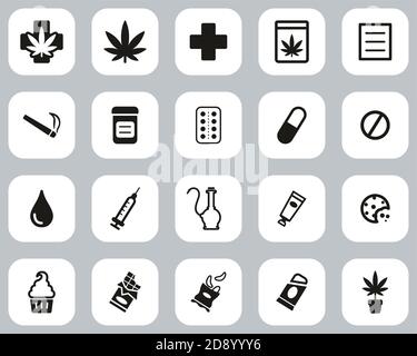 Medizinische Marihuana Icons Schwarz & Weiß Flat Design Set Groß Stock Vektor