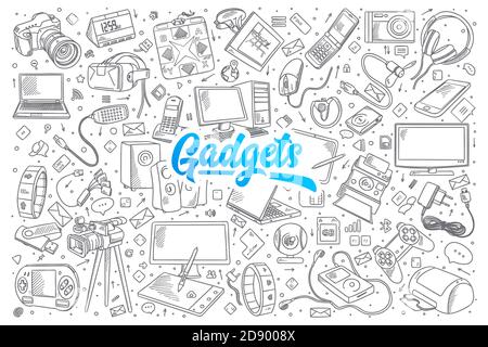 Handgezeichneter Satz von Gadgets doodles mit blauen Schriftzug in vektor Stockfoto