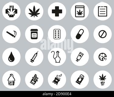 Medizinische Marihuana Icons Schwarz & Weiß Flat Design Kreis Set Groß Stock Vektor