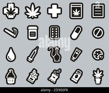 Medizinische Marihuana Icons Weiß Auf Schwarz Sticker Set Groß Stock Vektor