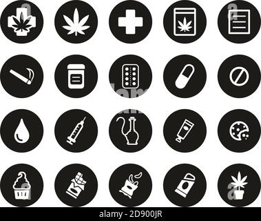 Medizinische Marihuana Icons Weiß Auf Schwarz Flat Design Kreis Set Groß Stock Vektor