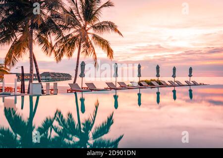 Wunderschöner Pool und Sonnenuntergang. Luxuriöse tropische Strandlandschaft, Liegestühle und Liegen und Wasserspiegelung. Erstaunlicher Sonnenuntergang Infinity Schwimmen Stockfoto