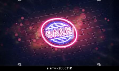 Neon Verkauf Symbol auf dunklen Ziegelwand mockup rosa Licht Stockfoto