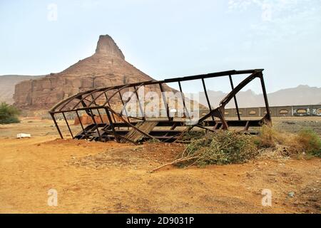 Der Oldtimer-Wagen auf dem alten Bahnhof in Al Ula, Saudi-Arabien Stockfoto