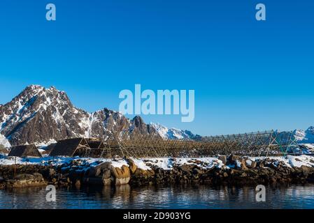 Riesige leere Holzregale zum Aufhängen und Trocknen von Kabeljau Stockfisch auf den Lofoten-Inseln in Norwegen auf klar machen Wintertag mit blauem Himmel Stockfoto