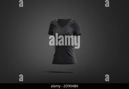 Blank schwarz Frauen Slimfit T-Shirt Mock up, dunkler Hintergrund Stockfoto