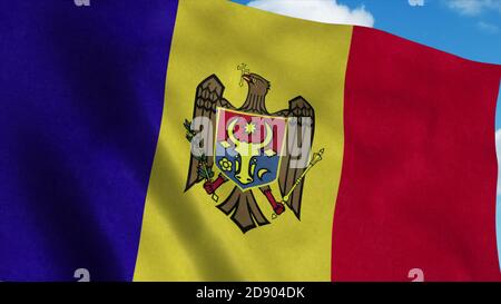 Moldawien Flagge auf einem Fahnenmast winkt im Wind, blauer Himmel Hintergrund. 3d-Rendering Stockfoto