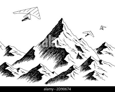 Hängegleiter fliegen in den Bergen Grafik schwarz weiß Landschaft Vektor der Skizzendarstellung Stock Vektor