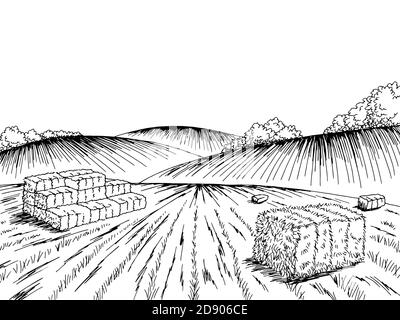 Herbst Feld Hügel Grafik schwarz weiß Landschaft Skizze Illustration Vektor Stock Vektor