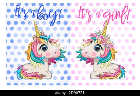 Baby Dusche Grußkarte mit niedlichen Cartoon Einhorn Mädchen und Junge Stock Vektor