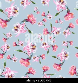 Schönes Nahtmuster. Nahtlose floralen Hintergrund von weichen Fokus rosa aquilegia Blumen Stockfoto