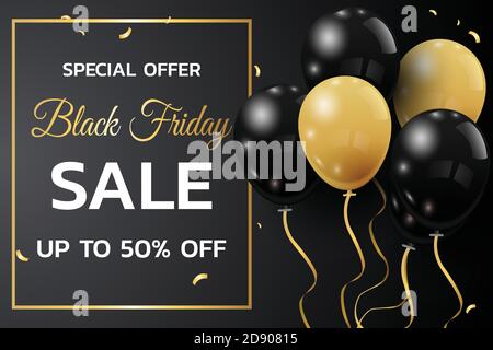 Black Friday Sale Poster mit glänzenden Ballons auf schwarzem Hintergrund mit quadratischen Rahmen. Stock Vektor