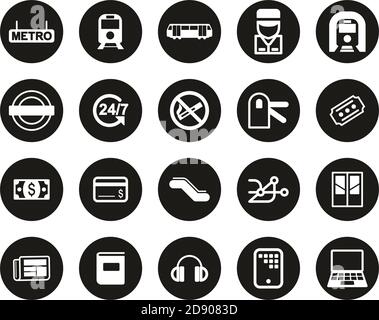 Metro Oder Subway Icons Weiß Auf Schwarzem Flachem Design Kreis Groß Einstellen Stock Vektor