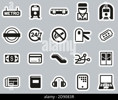 Metro Oder Subway Icons Schwarz & Weiß Sticker Set Groß Stock Vektor