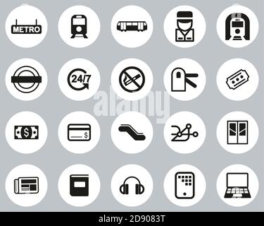 Metro Oder Subway Icons Black & White Flat Design Circle Groß Einstellen Stock Vektor