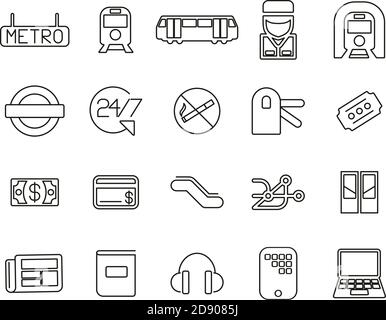Metro Oder Subway Icons Black & White Thin Line Set Groß Stock Vektor