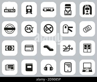 Metro Oder Subway Icons Black & White Flat Design Set Groß Stock Vektor