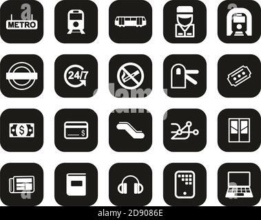Metro Oder Subway Icons Weiß Auf Schwarz Flat Design Set Groß Stock Vektor
