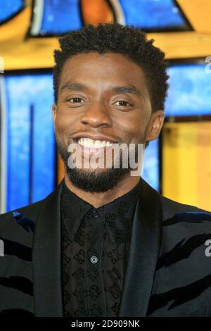 LONDON, GROSSBRITANNIEN - 08. Feb 2018: Chadwick Boseman nimmt an der europäischen Premiere von "Black Panther" bei Eventim Apollo am 8. Februar 2018 in Lond Teil Stockfoto