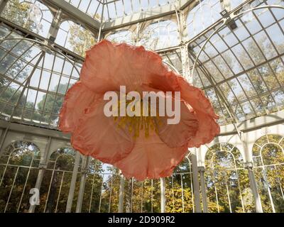 Madrid, Spanien. November 2020. Gigant Stoffblumen von Alvaro Urbano für Petrit Halilajs Ausstellung im Palacio de Cristal Gebäude im Buen Retiro Park in Madrid. © Valentin Sama-Rojo/Alamy Live News. Stockfoto