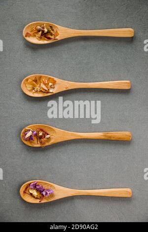 Kräutertee und natürliche Trockentee-Set, Variation und Sammlung von Tee und Holzlöffel auf dem grauen Hintergrund Stockfoto