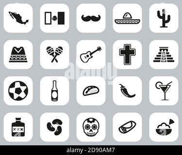 Mexiko Land & Kultur Ikonen Schwarz & Weiß Flat Design Groß Einstellen Stock Vektor