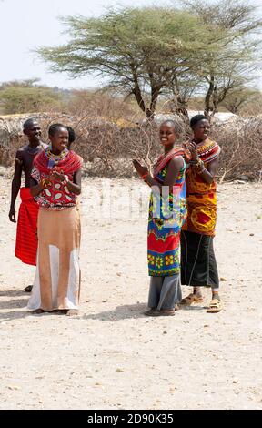 Maasai Frauen in traditioneller Kleidung, Mitglieder des Stammes der Samburu, in einem traditionellen Tanz, im Samburu National Reserve. Kenia. Afrika. Stockfoto
