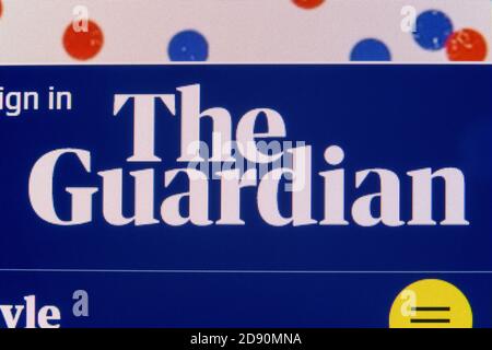 Moskau, Russland - 02. November 2020: Extreme Nahaufnahme des Logos des Guardian auf der Website. Stockfoto