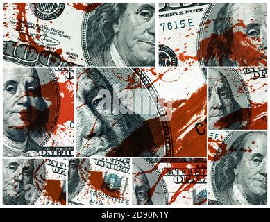 Blood Money Concept Set. Fragment eines 100-Dollar-Scheines mit Blutflecken Stockfoto