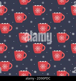 Heiße Schokolade nahtlose Muster Winter Schneeflocke Hintergrund. Abbildung Stockfoto
