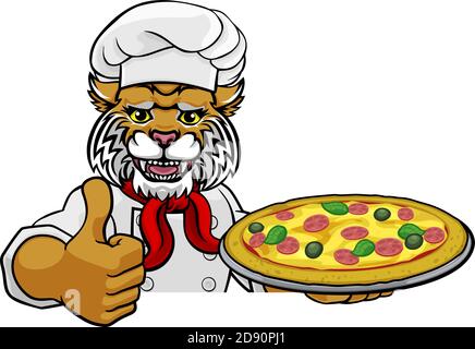 Wildcat Pizza Chef Cartoon Restaurant Maskottchen Zeichen Stock Vektor