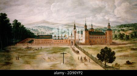 Jusep-leonardo-vista-del-palacio-real-de-el-pardo-ca-1630. Stockfoto